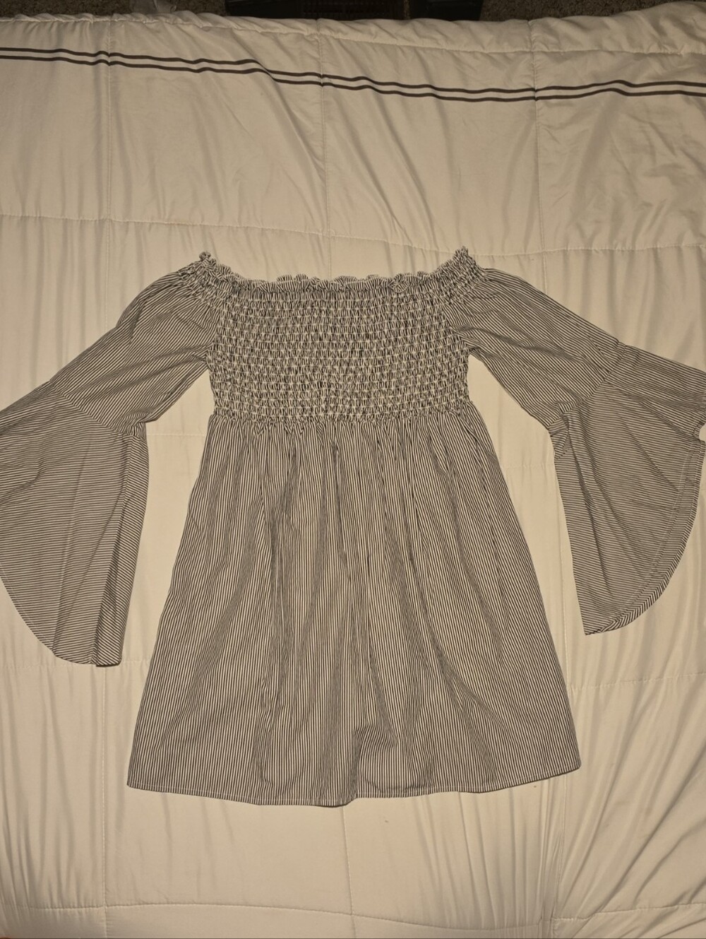 bp Off-Shoulder Smocked Tunic - Black and White Stripes